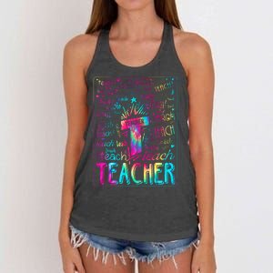 Tie Dye Teacher Typography Word Art Women's Knotted Racerback Tank