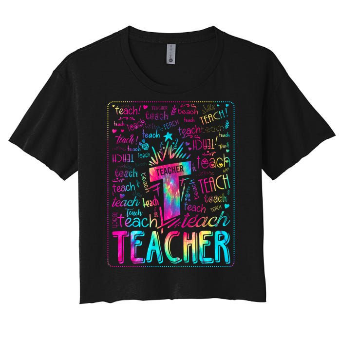 Tie Dye Teacher Typography Word Art Women's Crop Top Tee