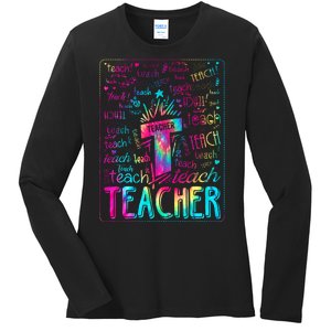 Tie Dye Teacher Typography Word Art Ladies Long Sleeve Shirt