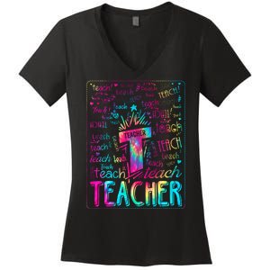 Tie Dye Teacher Typography Word Art Women's V-Neck T-Shirt