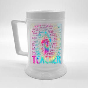 Tie Dye Teacher Typography Word Art Beer Stein