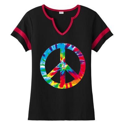 Tie Dye World Peace Sign Ladies Halftime Notch Neck Tee