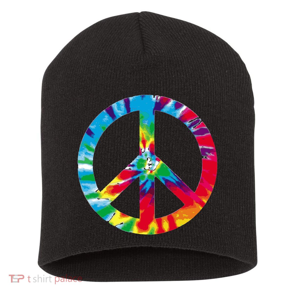 Tie Dye World Peace Sign Short Acrylic Beanie