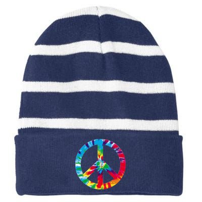 Tie Dye World Peace Sign Striped Beanie with Solid Band