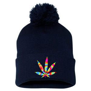 Tie Dyed Weed Symbol Pom Pom 12in Knit Beanie