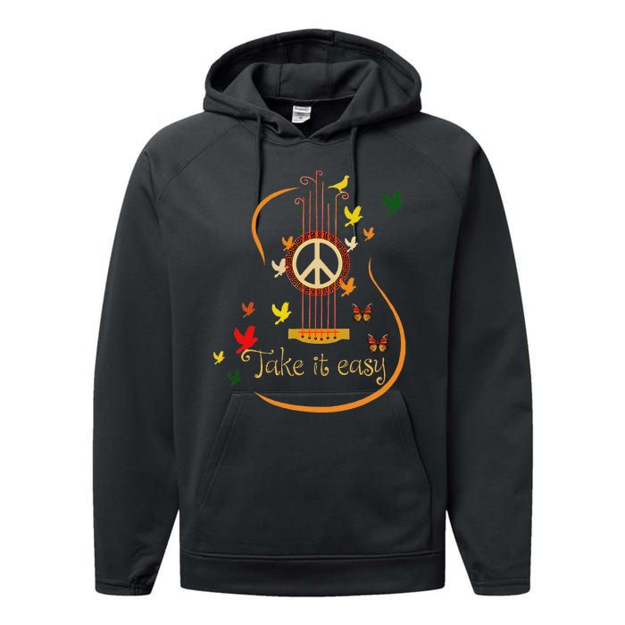 Take It Easy Guitar Peace Sign Hippie Design Performance Fleece Hoodie