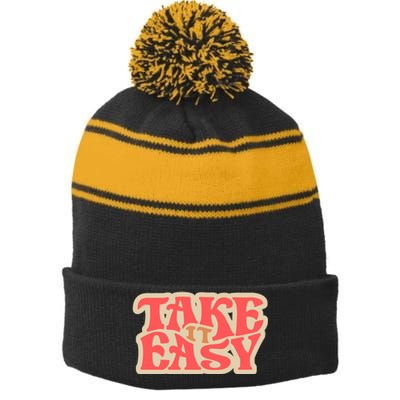 Take It Easy Retro Quote Stripe Pom Pom Beanie