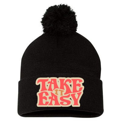 Take It Easy Retro Quote Pom Pom 12in Knit Beanie