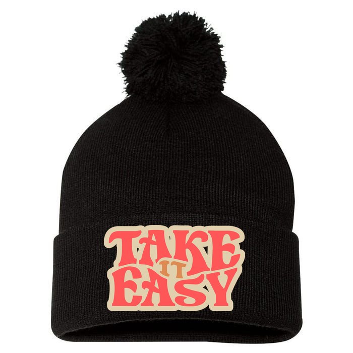 Take It Easy Retro Quote Pom Pom 12in Knit Beanie