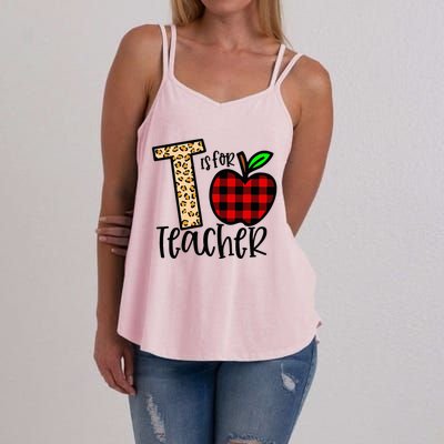 T is for Teacher Leopard Buffalo Plaid Apple Back To School Women's Strappy Tank