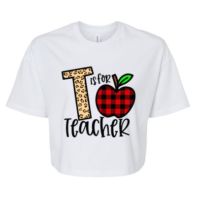 T is for Teacher Leopard Buffalo Plaid Apple Back To School Bella+Canvas Jersey Crop Tee