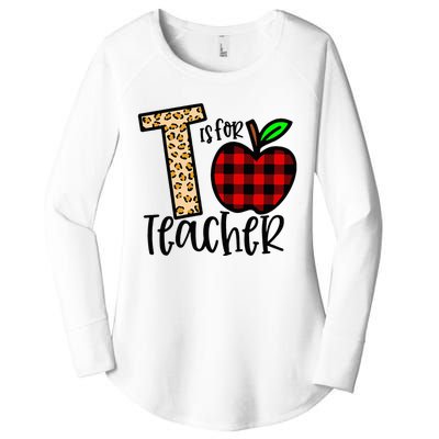 T is for Teacher Leopard Buffalo Plaid Apple Back To School Women's Perfect Tri Tunic Long Sleeve Shirt