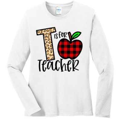 T is for Teacher Leopard Buffalo Plaid Apple Back To School Ladies Long Sleeve Shirt