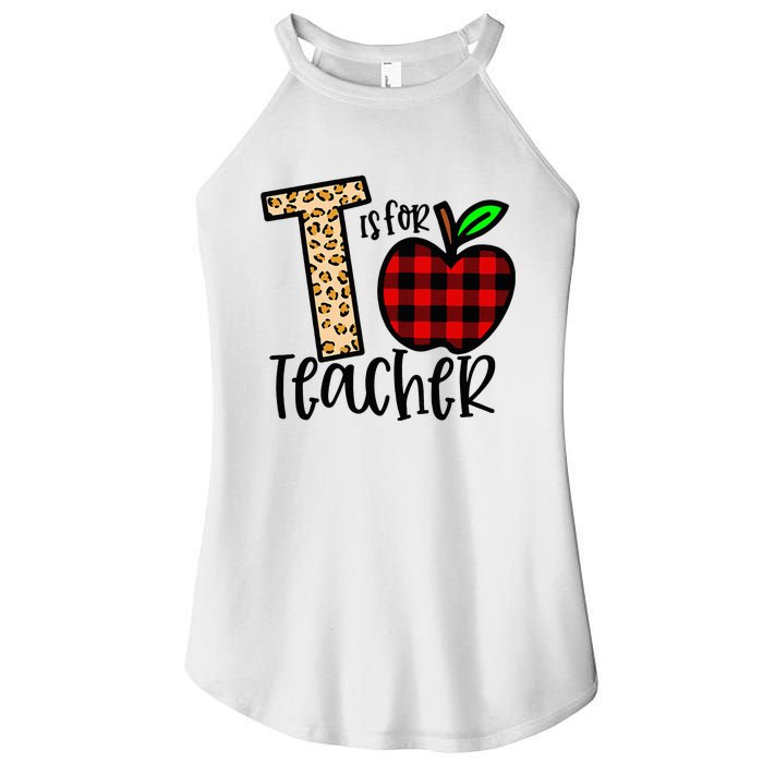 T is for Teacher Leopard Buffalo Plaid Apple Back To School Women’s Perfect Tri Rocker Tank