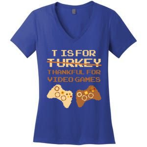 T Is For Thankful For Video Games Thanksgiving Turkey Funny Gift Women's V-Neck T-Shirt