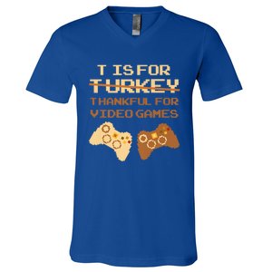 T Is For Thankful For Video Games Thanksgiving Turkey Funny Cute Gift V-Neck T-Shirt