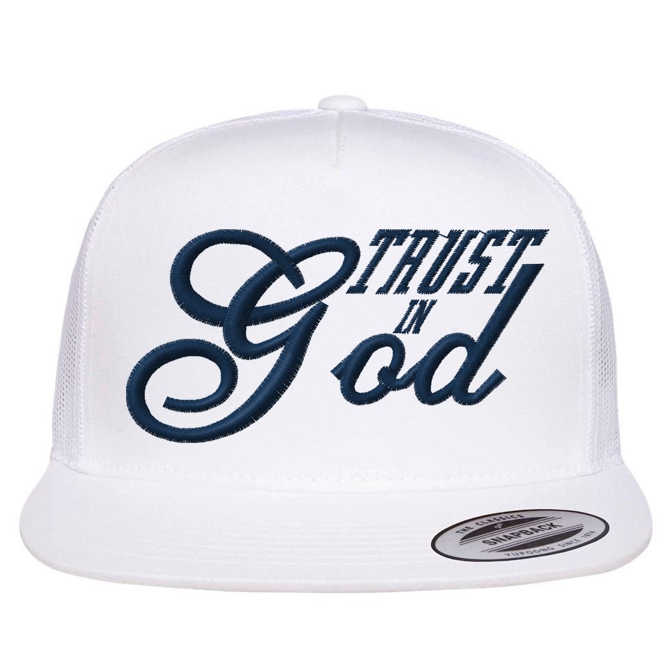 Trust In God Christian Faith In Jesus Midnight Blue Embroidered Embroidered Flat Bill Trucker Hat