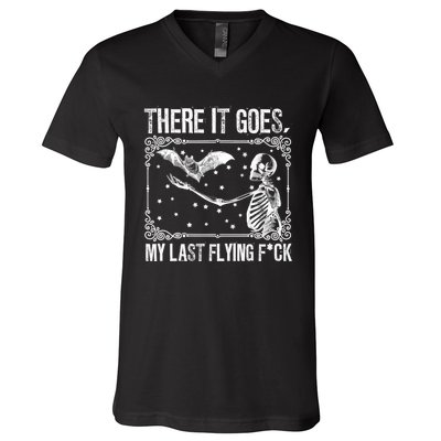 There It Goes My Last Flying Fuck Skeleton Funny Halloween V-Neck T-Shirt