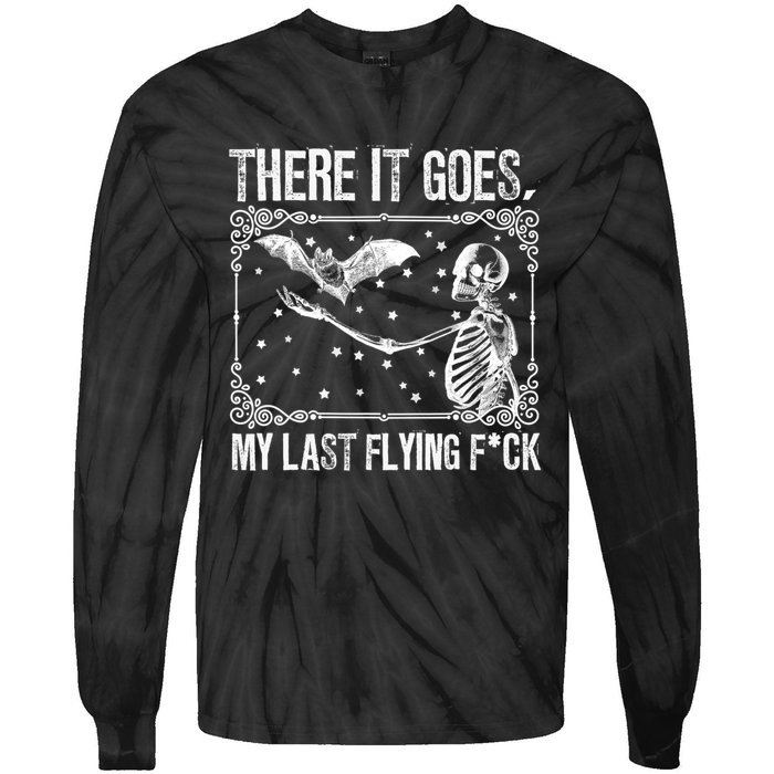 There It Goes My Last Flying Fuck Skeleton Funny Halloween Tie-Dye Long Sleeve Shirt