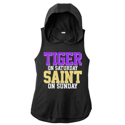 Tiger On Saturday Saint On Sunday Louisiana Football Ladies PosiCharge Tri-Blend Wicking Draft Hoodie Tank