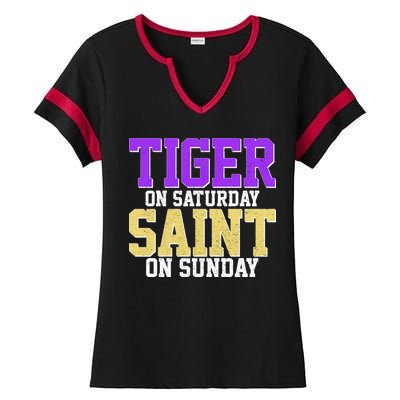 Tiger On Saturday Saint On Sunday Louisiana Football Ladies Halftime Notch Neck Tee