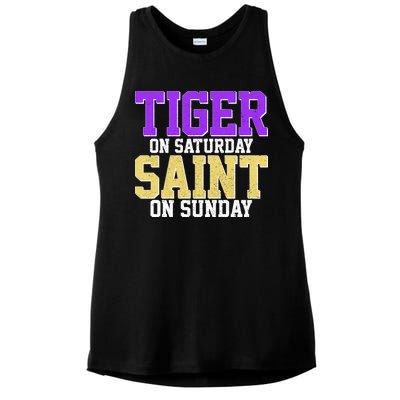 Tiger On Saturday Saint On Sunday Louisiana Football Ladies PosiCharge Tri-Blend Wicking Tank