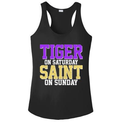 Tiger On Saturday Saint On Sunday Louisiana Football Ladies PosiCharge Competitor Racerback Tank