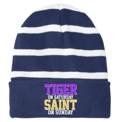 Tiger On Saturday Saint On Sunday Louisiana Football Striped Beanie with Solid Band