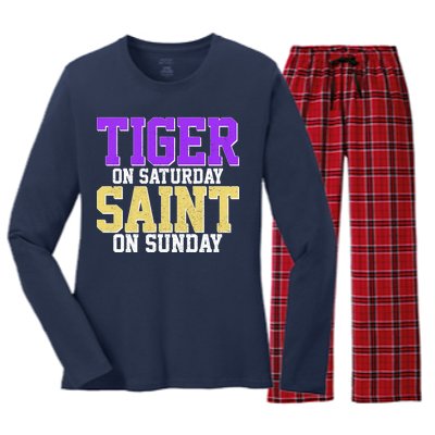 Tiger On Saturday Saint On Sunday Louisiana Football Women's Long Sleeve Flannel Pajama Set 