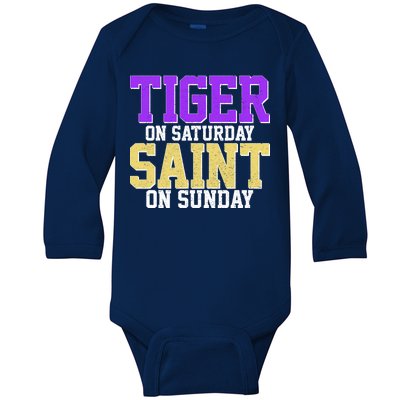 Tiger On Saturday Saint On Sunday Louisiana Football Baby Long Sleeve Bodysuit