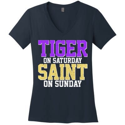 Tiger On Saturday Saint On Sunday Louisiana Football Women's V-Neck T-Shirt