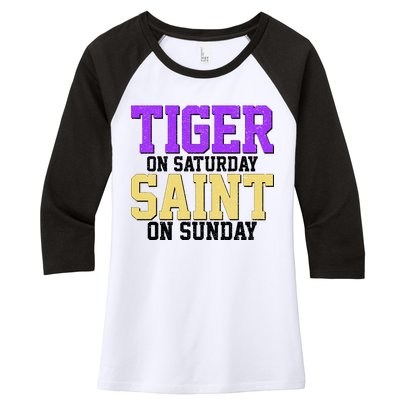 Tiger On Saturday Saint On Sunday Louisiana Football Women's Tri-Blend 3/4-Sleeve Raglan Shirt