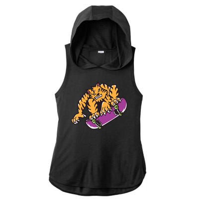 Tiger Skateboarding Cartoon Ladies PosiCharge Tri-Blend Wicking Draft Hoodie Tank