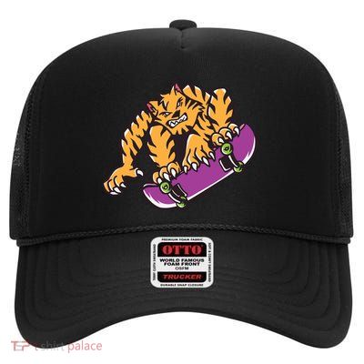 Tiger Skateboarding Cartoon High Crown Mesh Back Trucker Hat