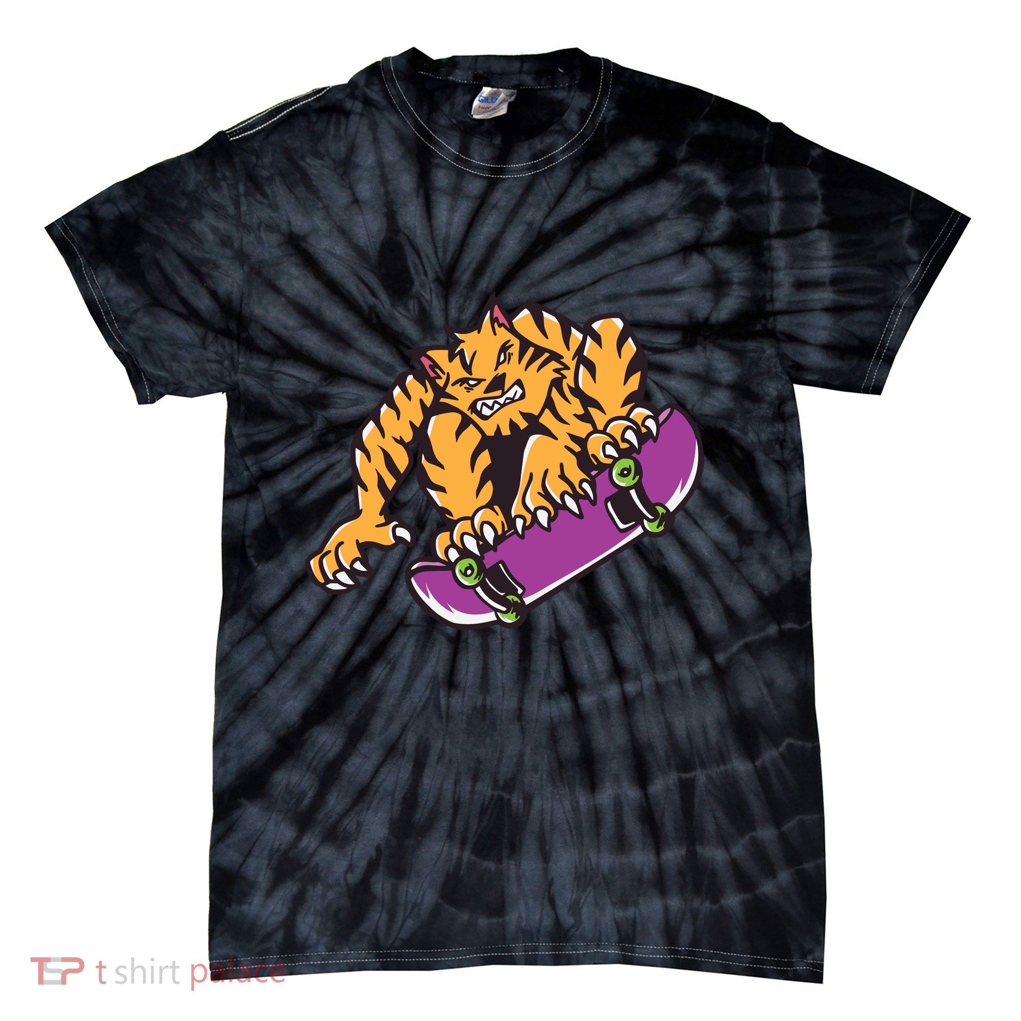 Tiger Skateboarding Cartoon Tie-Dye T-Shirt