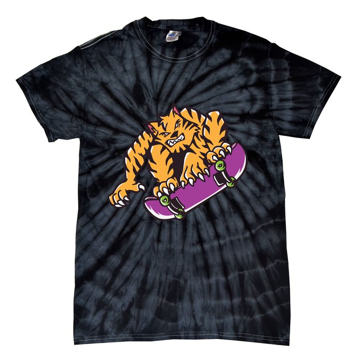 Tiger Skateboarding Cartoon Tie-Dye T-Shirt