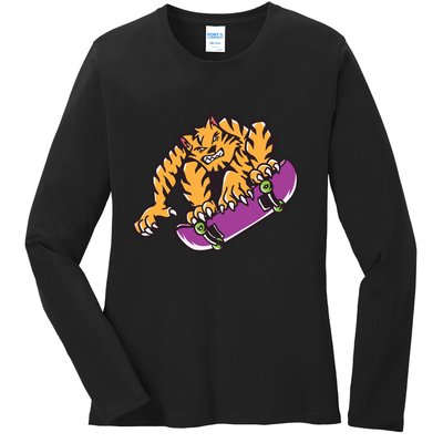 Tiger Skateboarding Cartoon Ladies Long Sleeve Shirt