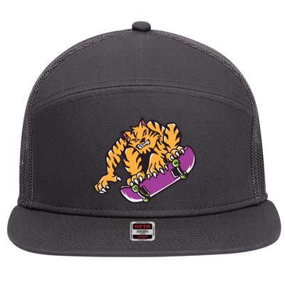 Tiger Skateboarding Cartoon 7 Panel Mesh Trucker Snapback Hat