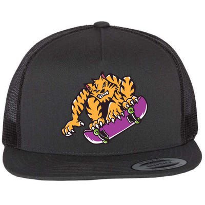 Tiger Skateboarding Cartoon Flat Bill Trucker Hat