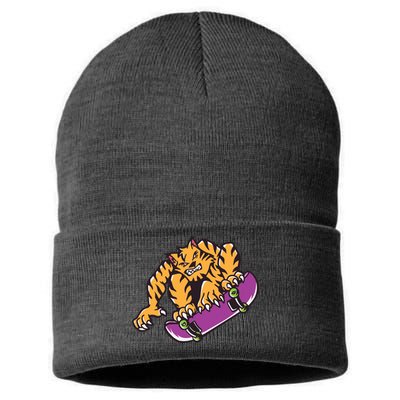 Tiger Skateboarding Cartoon Sustainable Knit Beanie