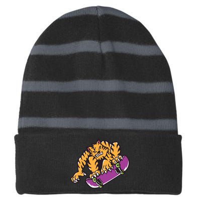 Tiger Skateboarding Cartoon Striped Beanie with Solid Band