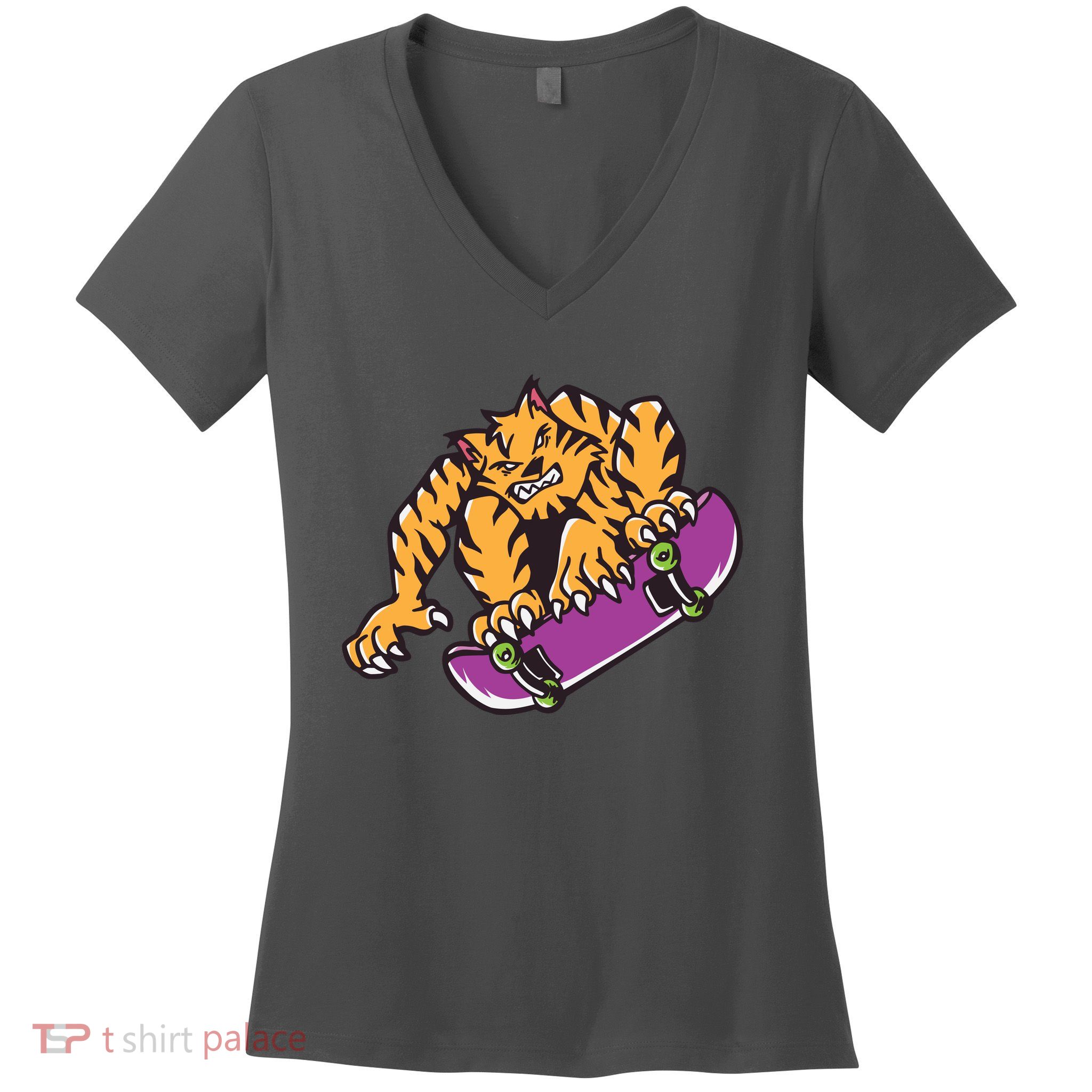 Tiger Skateboarding Cartoon Women's V-Neck T-Shirt