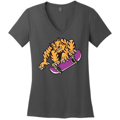 Tiger Skateboarding Cartoon Women's V-Neck T-Shirt