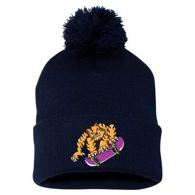 Tiger Skateboarding Cartoon Pom Pom 12in Knit Beanie