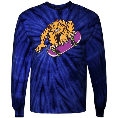 Tiger Skateboarding Cartoon Tie-Dye Long Sleeve Shirt