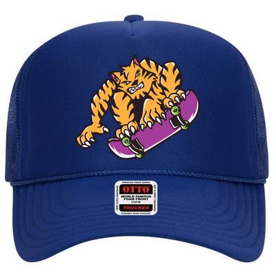 Tiger Skateboarding Cartoon High Crown Mesh Back Trucker Hat