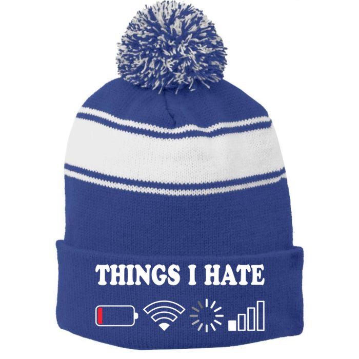 Things I Hate Low Battery No Wifi Retro Gamer Coder Nerd Cool Gift Stripe Pom Pom Beanie