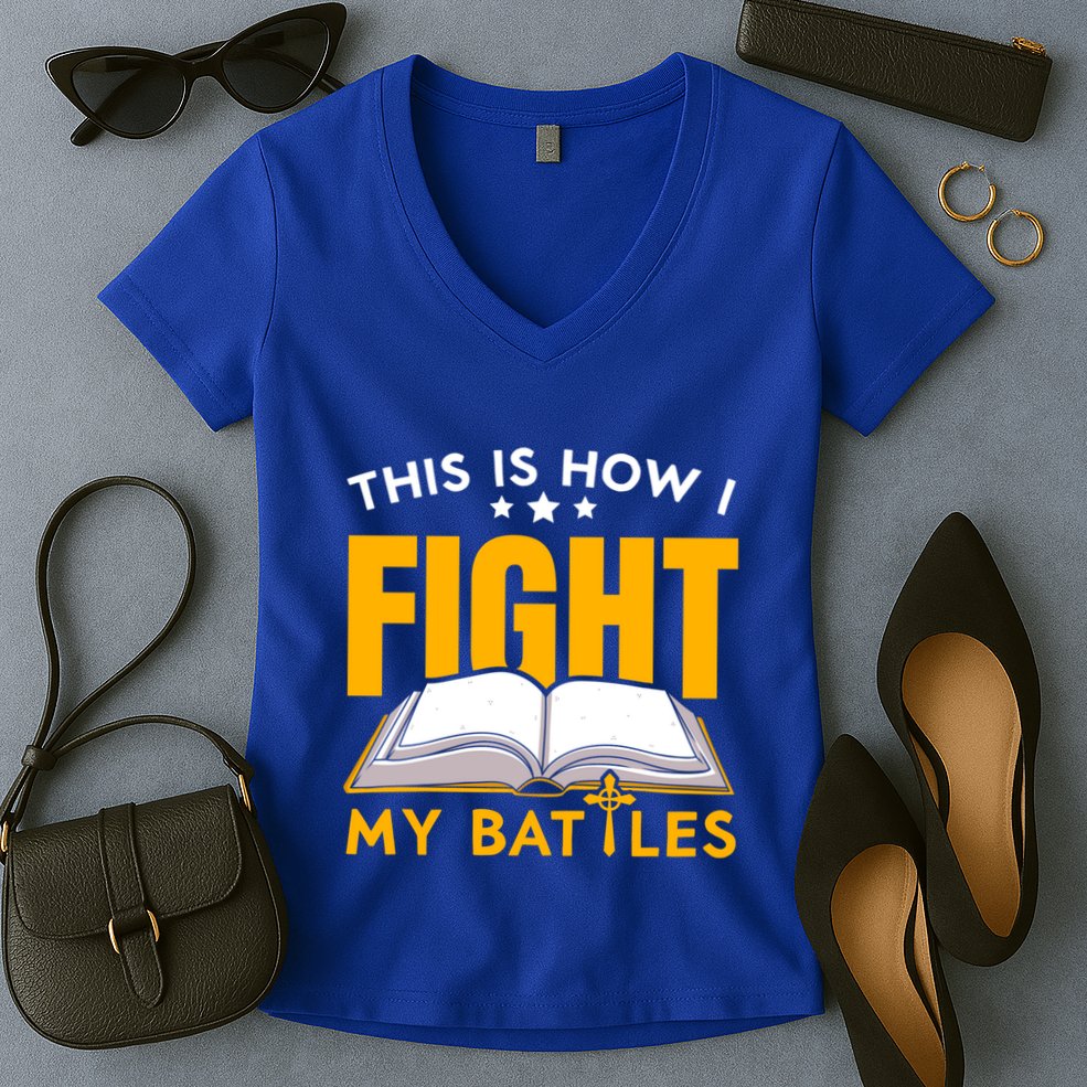 This Is How I Fight My Battles Christian Believer Bible Cute Gift Women's V-Neck T-Shirt
