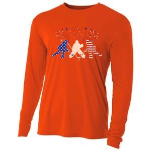 Three Ice Hockey 4th Of July Patriotic American Flag Cool Gift Cooling Performance Long Sleeve Crew