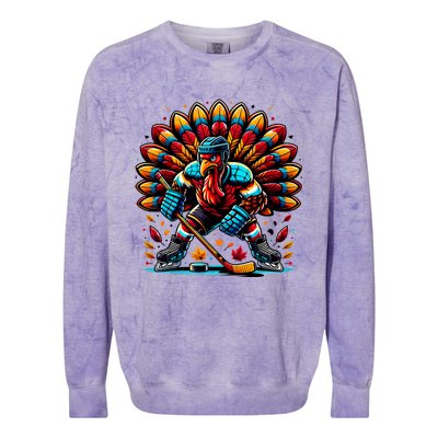 Thanksgiving Ice Hockey Turkey Playing Hockey Thankful Colorblast Crewneck Sweatshirt